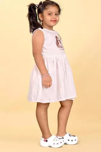 Pink rayon printed stripes print dress for girls