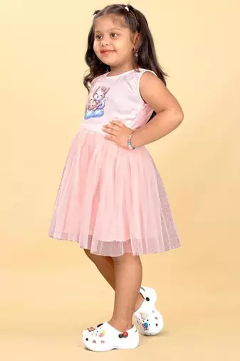 Pink rayon printed floral print dress for girls