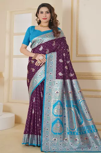  wine floral art silk woven saree comes with matching blouse