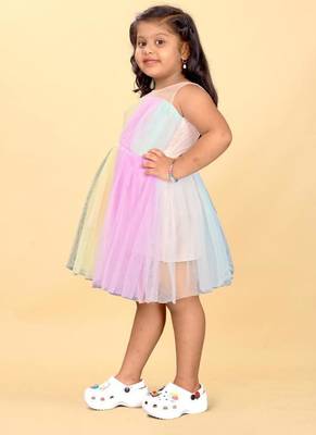 Multicolor net printed stripes print dress for girls 1