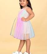 Multicolor net printed stripes print dress for girls