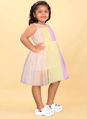 Multicolor net printed stripes print dress for girls 3