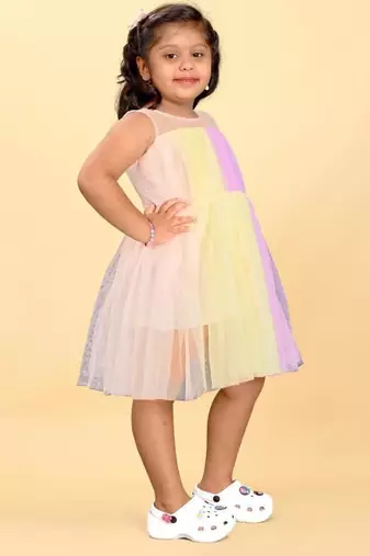 Multicolor net printed stripes print dress for girls