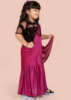 Purple velvet plain pre stitched saree with stitched blouse for girls 1