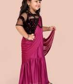 Purple velvet plain pre stitched saree with stitched blouse for girls