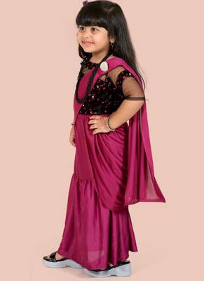 Purple velvet plain pre stitched saree with stitched blouse for girls 2