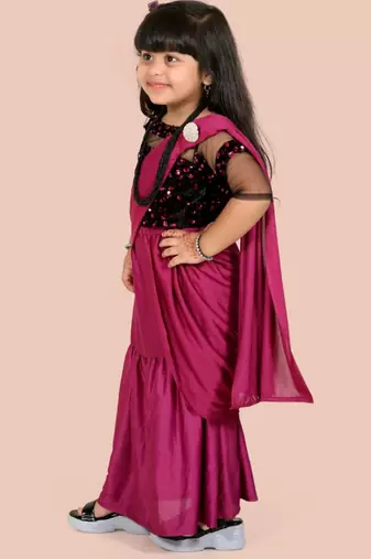 Purple velvet plain pre stitched saree with stitched blouse for girls