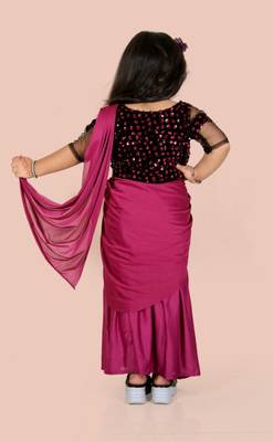Purple velvet plain pre stitched saree with stitched blouse for girls 3