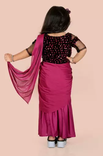 Purple velvet plain pre stitched saree with stitched blouse for girls