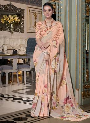 Georgette Printed Saree with Pearl Lace Elegance 1