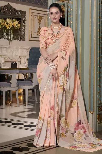 Grace Redefined  Georgette Printed Saree with Pearl Lace Elegance
