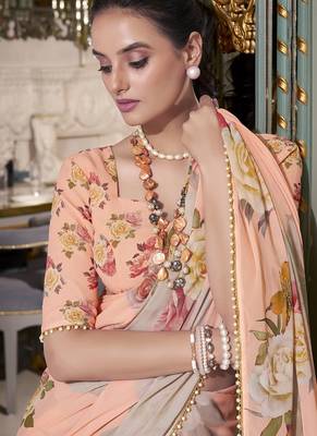Georgette Printed Saree with Pearl Lace Elegance 2