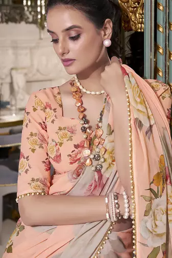 Georgette Printed Saree with Pearl Lace Elegance