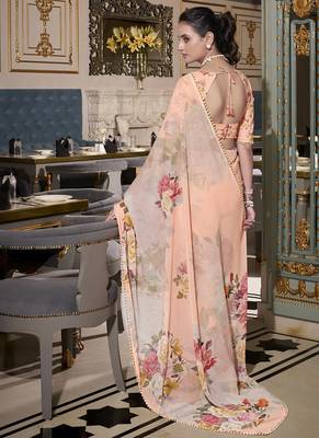 Georgette Printed Saree with Pearl Lace Elegance 3