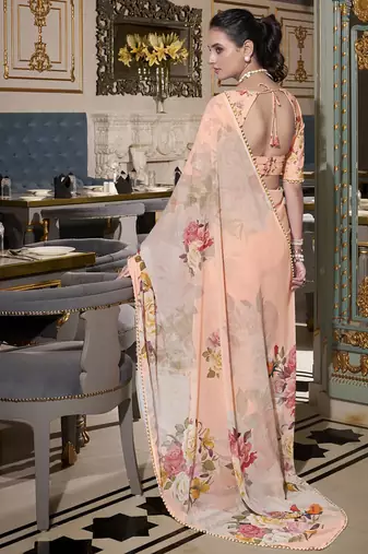 Georgette Printed Saree with Pearl Lace Elegance