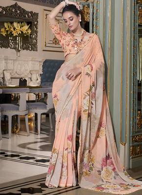 Georgette Printed Saree with Pearl Lace Elegance 4