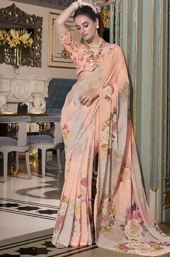 Georgette Printed Saree with Pearl Lace Elegance