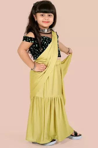 Yellow velvet plain pre stitched saree whit unstitch blouse for girls