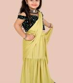 Yellow velvet plain pre stitched saree with stitched blouse for girls