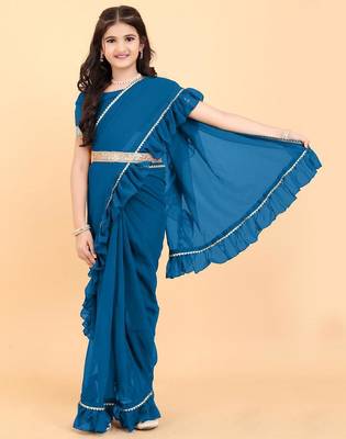 Blue georgette plain pre stitched saree with stitched blouse for girls 1