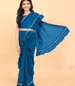 Blue georgette plain pre stitched saree with stitched blouse for girls