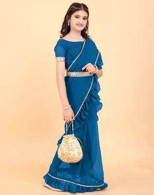 Blue georgette plain pre stitched saree with stitched blouse for girls 2