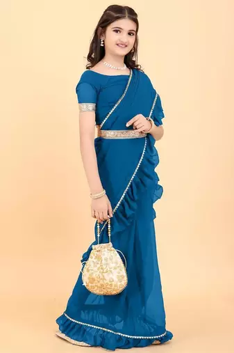 Blue georgette plain pre stitched saree with stitched blouse for girls