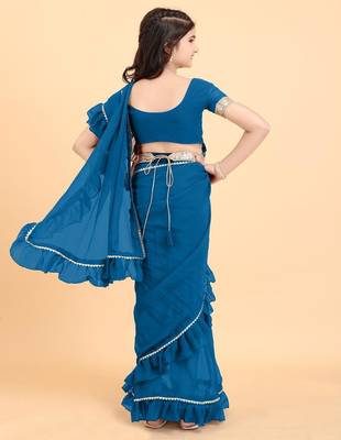 Blue georgette plain pre stitched saree with stitched blouse for girls 3