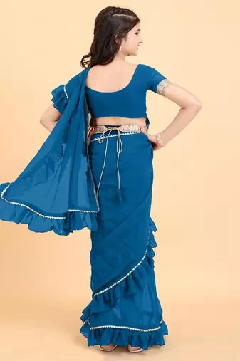 Blue georgette plain pre stitched saree with stitched blouse for girls