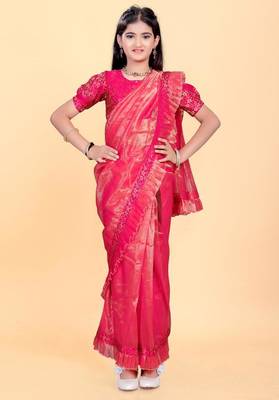 Pink jacquard printed pre stitched saree with stitched blouse for girls 1