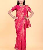 Pink jacquard printed pre stitched saree with stitched blouse for girls