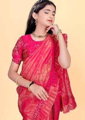 Pink jacquard printed pre stitched saree with stitched blouse for girls 2