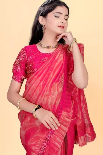 Pink jacquard printed pre stitched saree with stitched blouse for girls