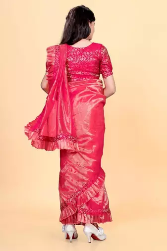 Pink jacquard printed pre stitched saree with stitched blouse for girls
