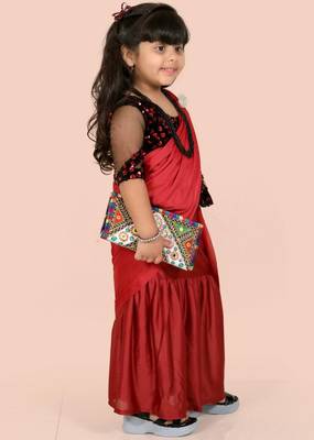 Maroon velvet plain pre stitched saree with stitched blouse for girls 1