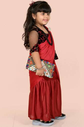 Maroon velvet plain pre stitched saree whit unstitch blouse for girls