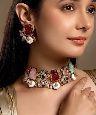 gold plated Multicolor choker necklace set 2
