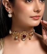 gold plated red stone choker necklace set