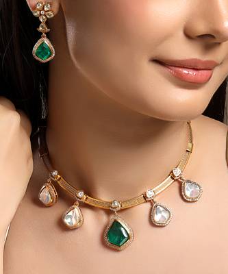 Gold plated green stone choker necklace set 1