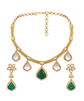 Gold plated green stone choker necklace set 3