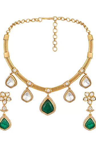 Gold plated green stone choker necklace set