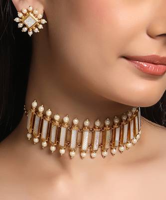 gold plated white choker necklace set 1