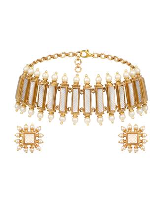 gold plated white choker necklace set 3
