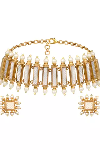 gold plated white choker necklace set