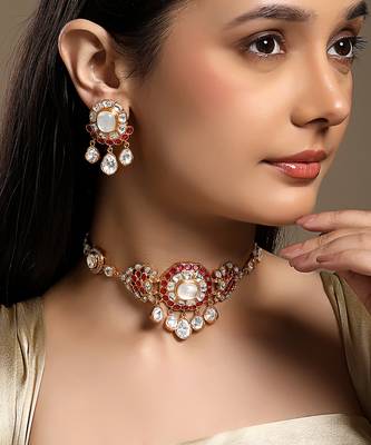 gold plated red stone choker necklace set 1
