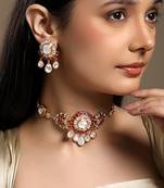 gold plated red stone choker necklace set