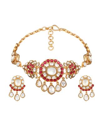 gold plated red stone choker necklace set 3