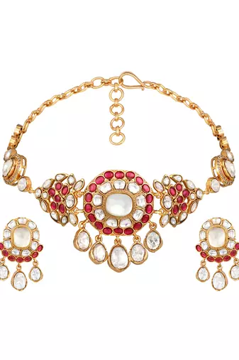 gold plated red stone choker necklace set