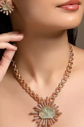 gold plated green stone necklace set