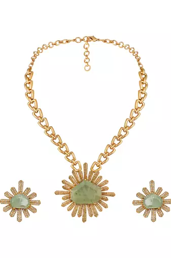 gold plated green stone necklace set